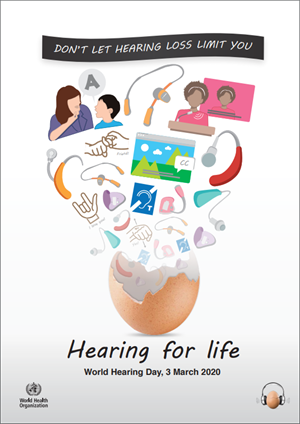 A poster celebrating World Hearing Day on Tuesday 3rd March for hearing awareness.